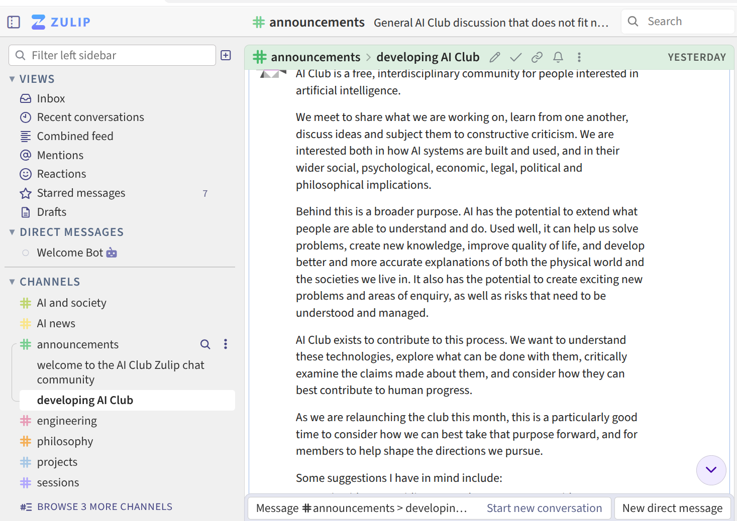 AI Club’s Zulip community, with channels for AI and society, engineering, philosophy, projects and sessions.